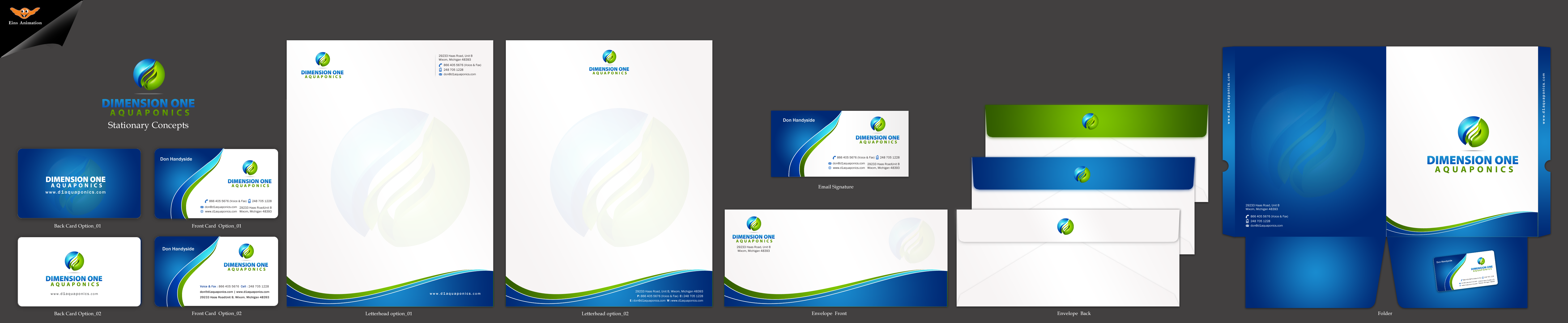 Stationary, envelops, business cards, email stamp for Dimension One Aquaponics - Miscellaneous