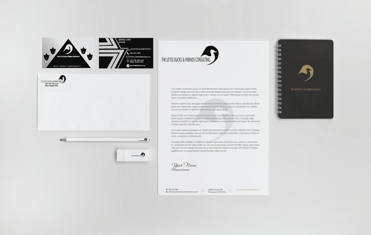Logo/full stationary package for consulting firm using a duck outline modern art style in BLACK - Consulting