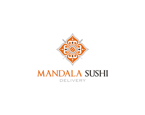 Logo of sushi mandala is a restaurante delivery, colors orange, black, gray and white. - Food